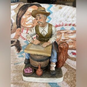 Vintage Enesco porcelain figurine old man on a barrel writing with a quill